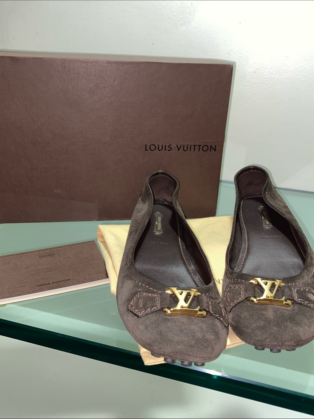 Louis Vuitton Chocolate Brown Suede car Shoe Flats with Gold LV Accent and Box